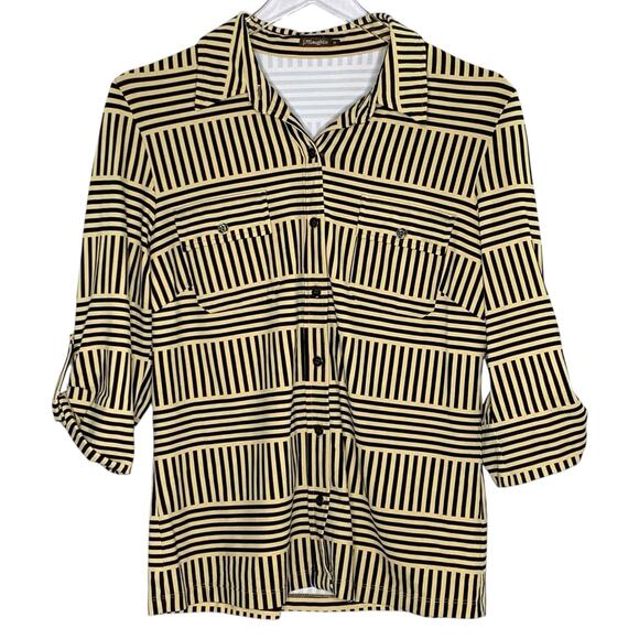 J.McLaughlin M Womens Tan Striped Catalina Cloth Button Front Shirt Top - Picture 1 of 10